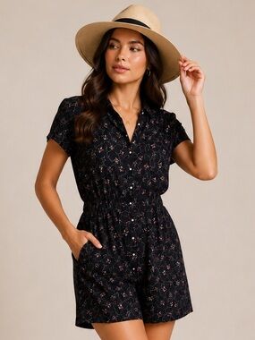 Free People Black Floral Button-Front Short Romper